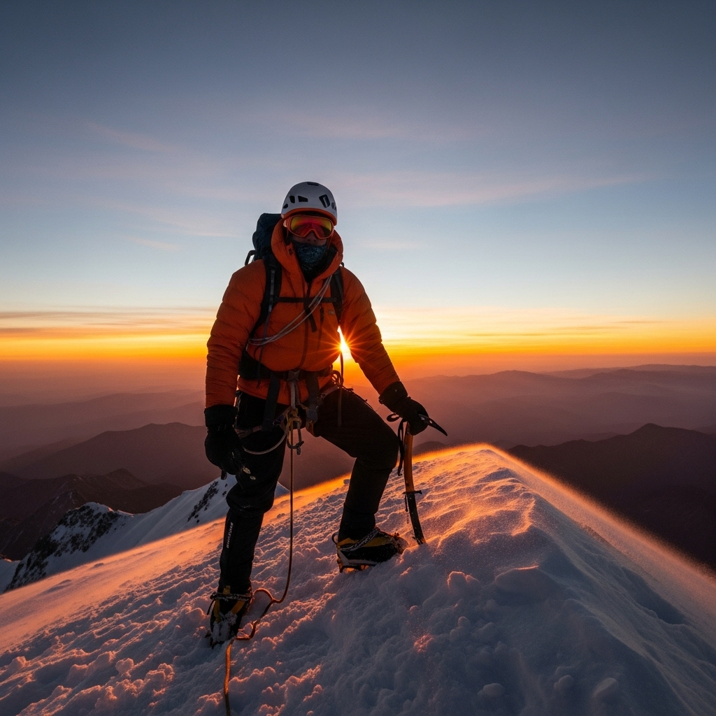 A mountain climber reaching the summit at sunrise, representing personal growth and achievement through perseverance and self-responsibility 자업자득 뜻과 교훈 7가지로 알아보는 인생의 지혜