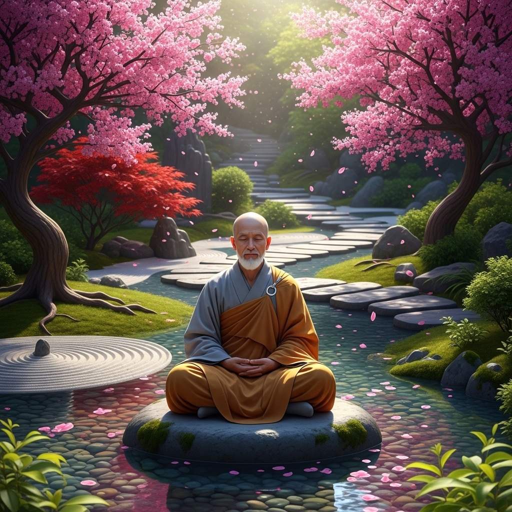 A wise monk meditating in a serene ancient temple garden, surrounded by blossoming cherry trees and a clear stream. The atmosphere is peaceful and enlightened. No text in the image. 교외별전: 깨달음의 문을 여는 5가지 지혜