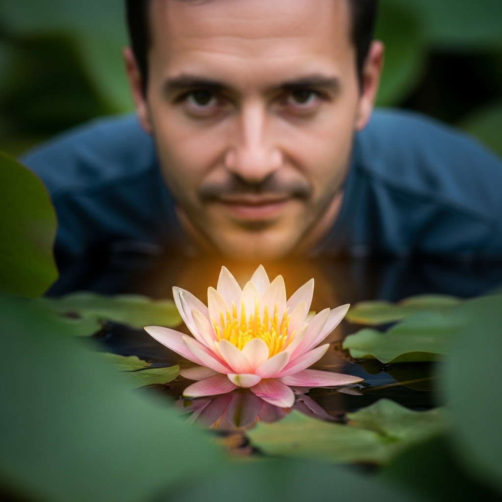 A person looking intently at a single lotus flower in a pond, with a thoughtful and serene expression, embodying deep contemplation. The background is slightly blurred with calm water and green foliage. No text in the image.