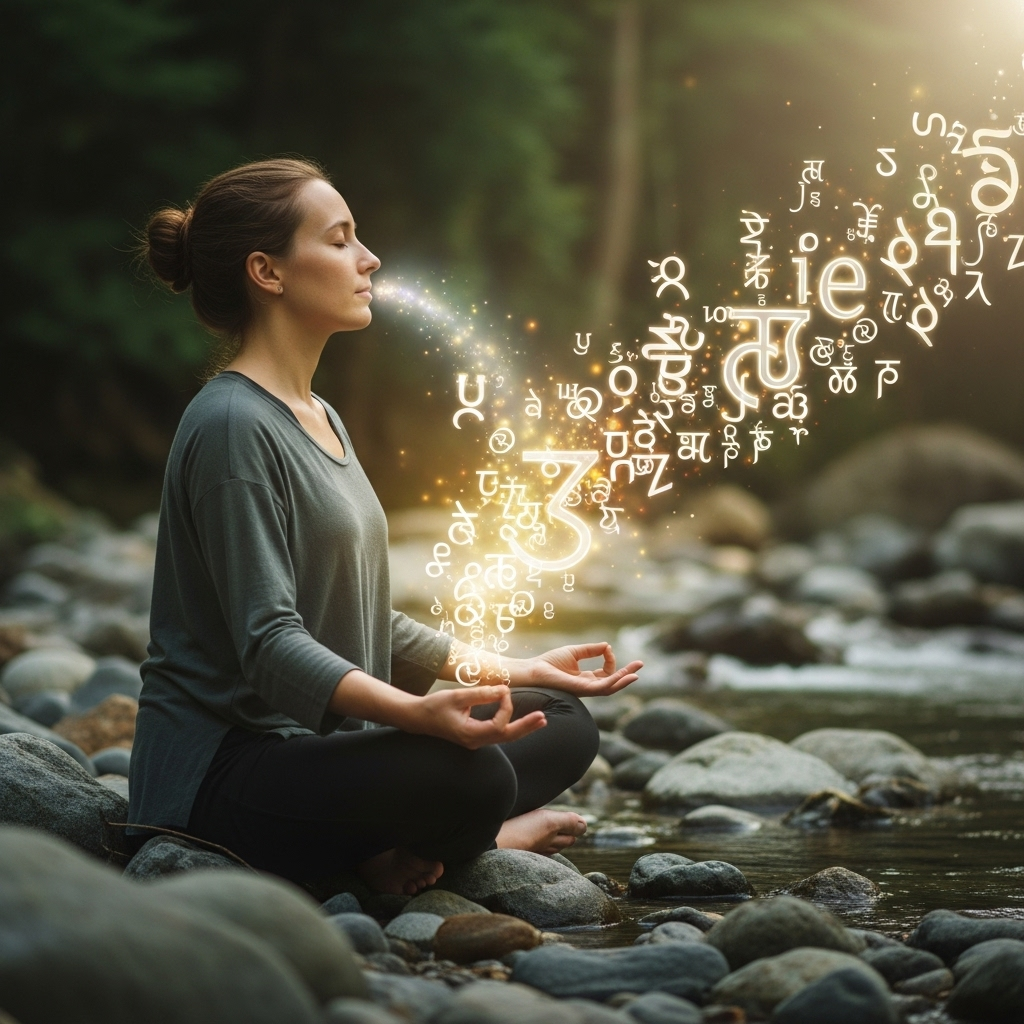A person meditating calmly in a serene, natural setting with a gentle stream and rocks. Around them, subtle, abstract symbols and letters appear to be dissolving into soft light, indicating a transcendence of written communication. 불립문자: 말 너머 진리를 찾는 5가지 깊은 지혜