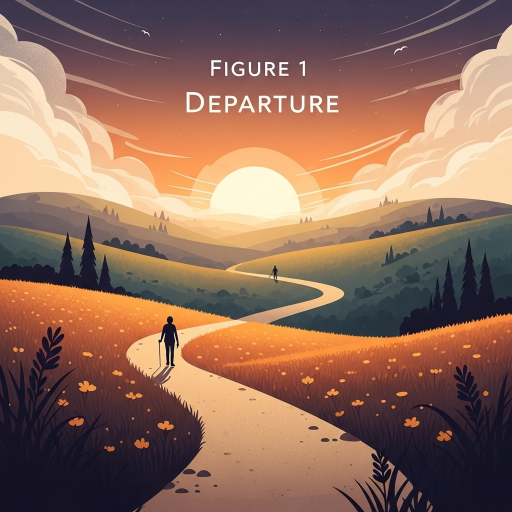 A serene, stylized illustration of a journey with a path winding through rolling hills. One figure walks away into the distance while another stands at a crossroads, looking back. The colors are warm and contemplative, suggesting reflection and the passage of time. There are no letters or complex details, just a clear visual metaphor for departure and return, emphasizing the cyclical nature of life. 인생의 지혜, 거자필반! 헤어짐과 만남의 순리를 깨닫는 5가지 통찰