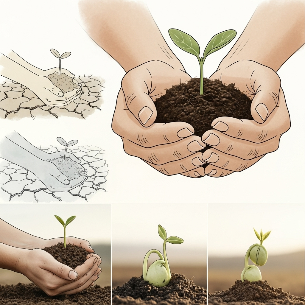 A beautifully rendered, minimalist illustration of two hands gently holding a small, delicate sprout emerging from the earth. The background is soft and blurred, suggesting a quiet, hopeful moment. The focus is on the fragile new life and the caring hands, symbolizing new beginnings and the return of hope. No text or complex imagery. 인생의 지혜, 거자필반! 헤어짐과 만남의 순리를 깨닫는 5가지 통찰