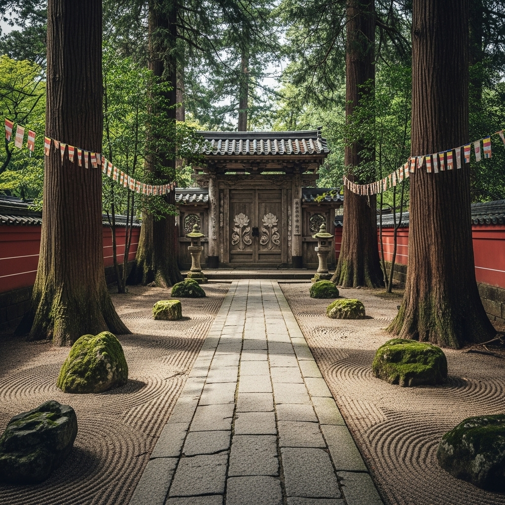 An ancient Buddhist temple entrance with a calm, weathered stone path leading up to it, surrounded by old, graceful trees. The scene is peaceful and contemplative. 인생의 굴레, 회자정리 5가지 지혜로 현명하게 맞이하는 법