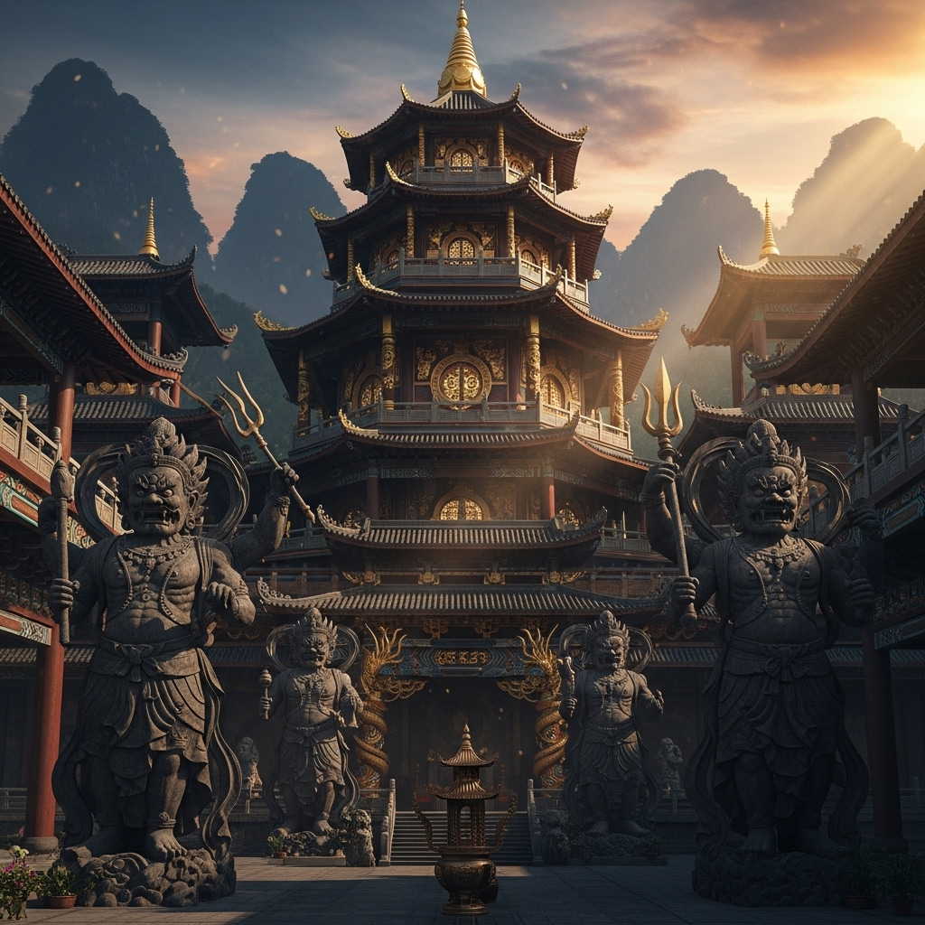 Ancient Buddhist temple with fierce Asura statues in traditional Asian architecture, dramatic lighting, mythological atmosphere, ornate decorations 아수라장 뜻과 유래, 혼란 속에서 찾는 삶의 지혜