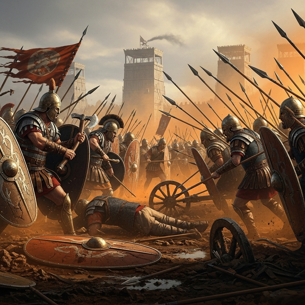 Chaotic battlefield scene with traditional warriors, swirling dust and debris, intense action, historical warfare atmosphere, dramatic composition 아수라장 뜻과 유래, 혼란 속에서 찾는 삶의 지혜