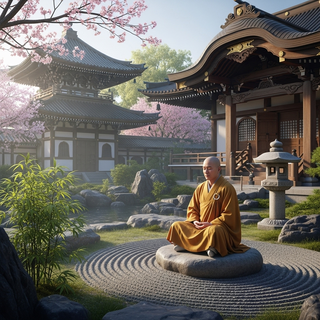 Serene meditation scene with peaceful monk in temple garden, calm atmosphere, traditional architecture, zen philosophy, morning light 아수라장 뜻과 유래, 혼란 속에서 찾는 삶의 지혜