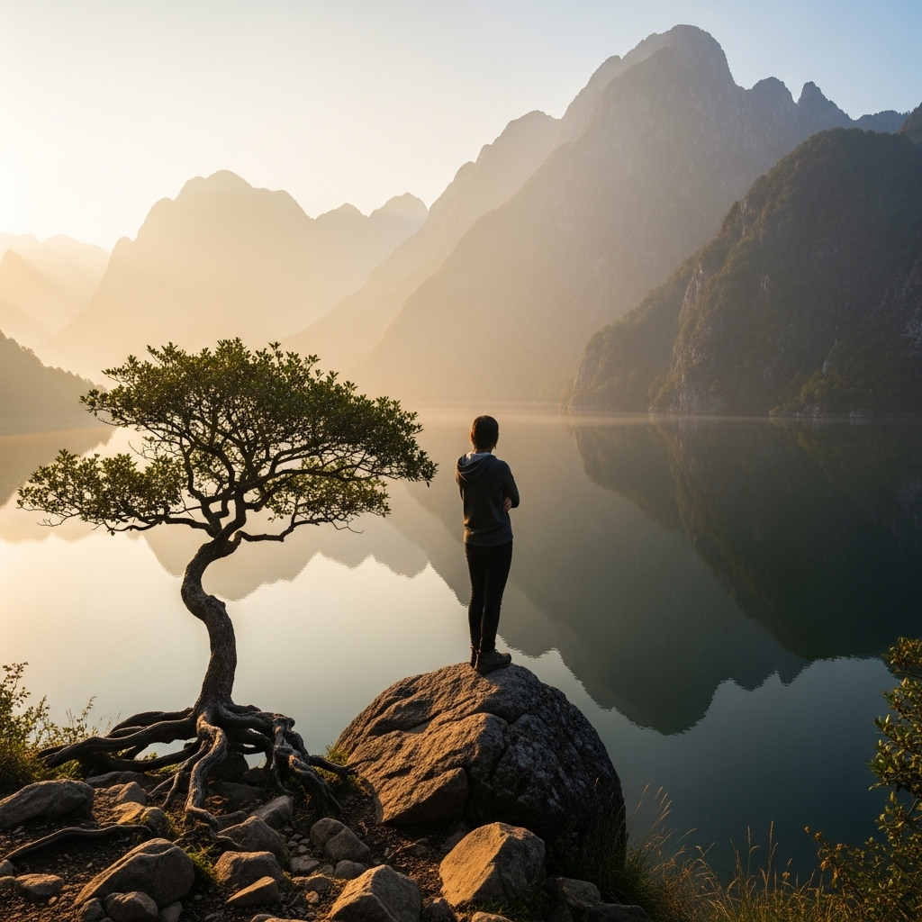 A serene landscape with a person standing peacefully, looking out at a vast natural scene like mountains or a calm lake. The person and nature blend harmoniously, conveying a sense of unity and peace. No text in the image. 자연과 하나 되는 경험, 물아일체 5가지 지혜로 삶의 균형을 찾아요!