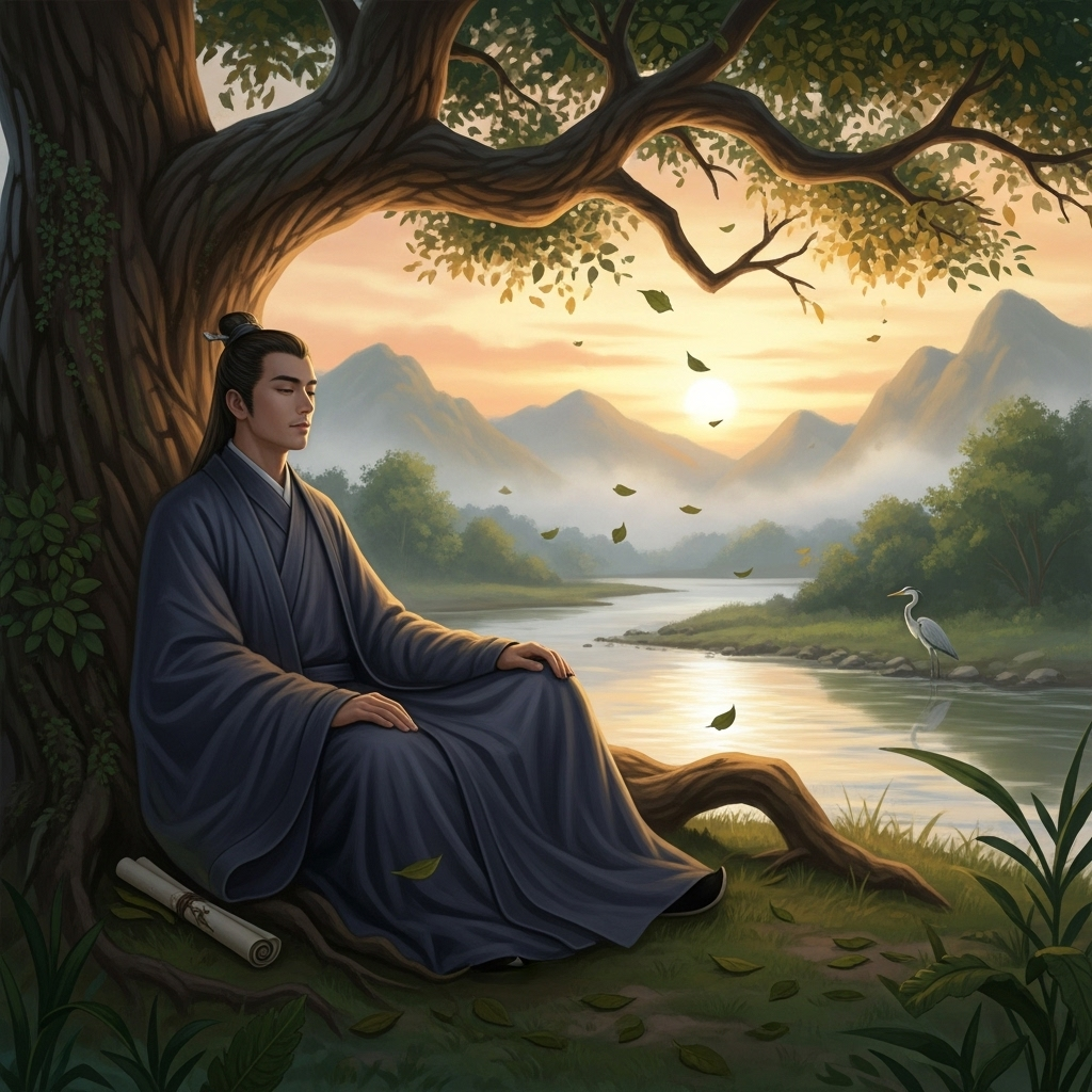 An ancient Chinese scholar in a flowing robe, sitting under a large, gnarled tree by a river, meditating or contemplating the natural surroundings. The scene evokes a sense of timeless wisdom and harmony with nature. No text in the image.