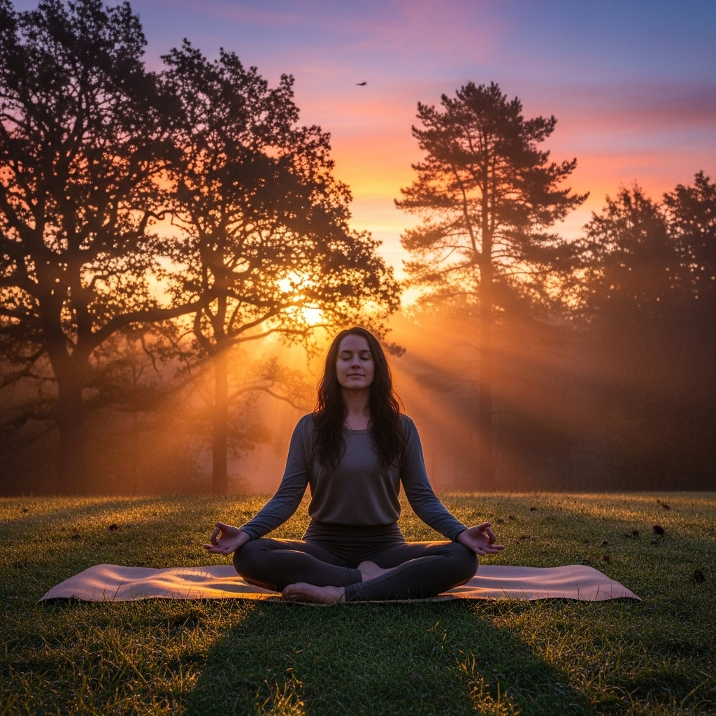 A person sitting cross-legged on a yoga mat outdoors, facing a sunrise over a tranquil forest. They are in a meditation pose, with eyes closed, embodying peace and connection with nature. No text in the image.