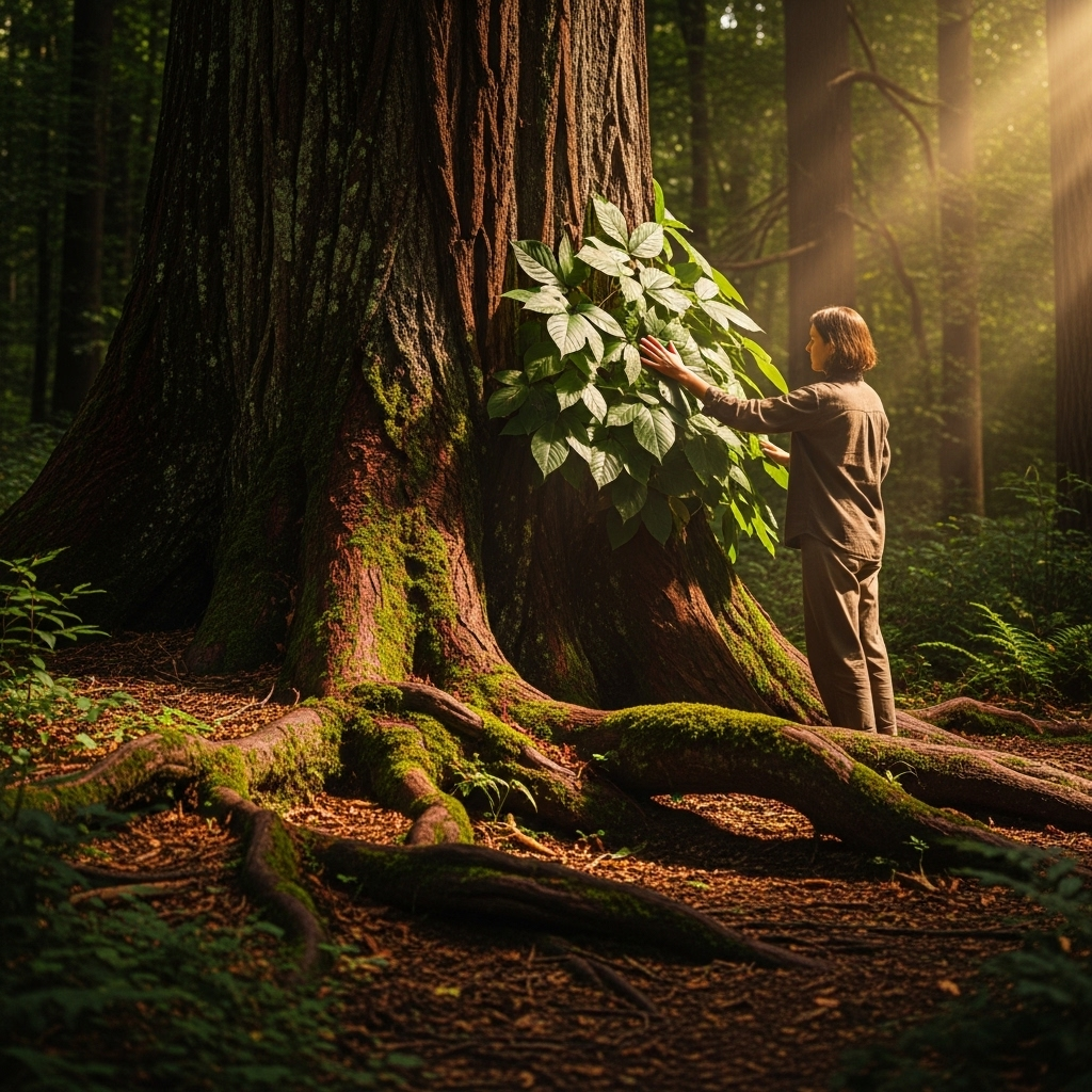 A person gently touching the leaves of a large, ancient tree in a sun-dappled forest, their expression peaceful and connected. The colors are warm and inviting, suggesting calm and harmony. No text in the image.