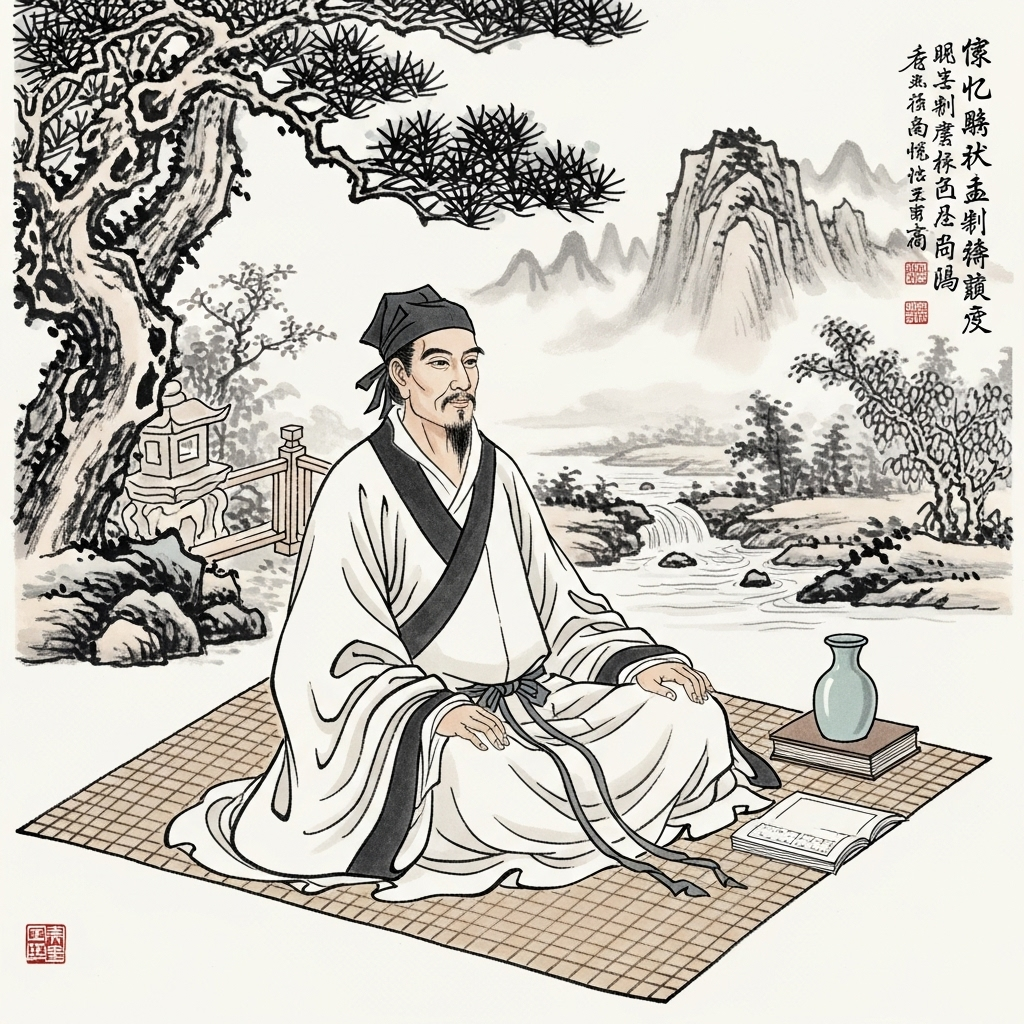 An elegant traditional East Asian scholar in ancient robes sitting peacefully in a serene garden with flowing water and mountains in the background, embodying inner strength and dignity, painted in classical ink wash style 호연지기 뜻과 유래 완벽 정리, 맹자가 전한 위대한 정신력
