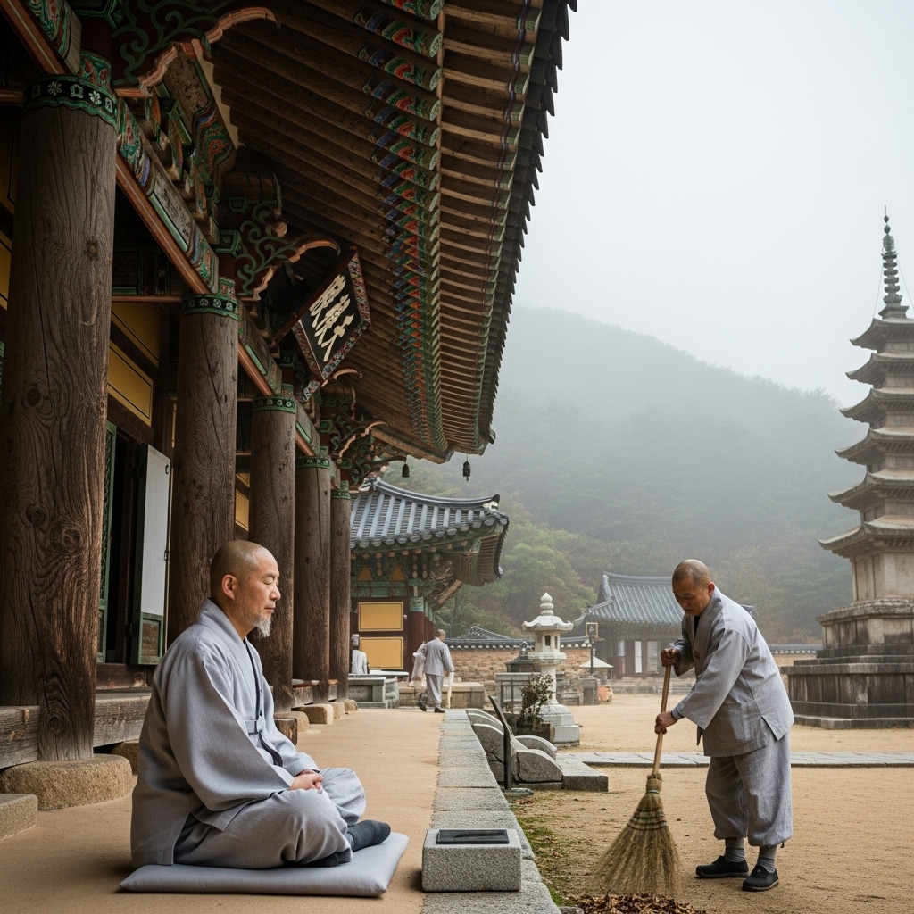 An ancient Korean temple nestled deep in a misty mountain, with two monks, one meditating peacefully (representing '이판승') and the other diligently performing daily chores (representing '사판승') in the foreground. The scene is serene but hints at the historical context. 막다른 길에서 피어난 지혜: '이판사판'의 5가지 깊은 교훈