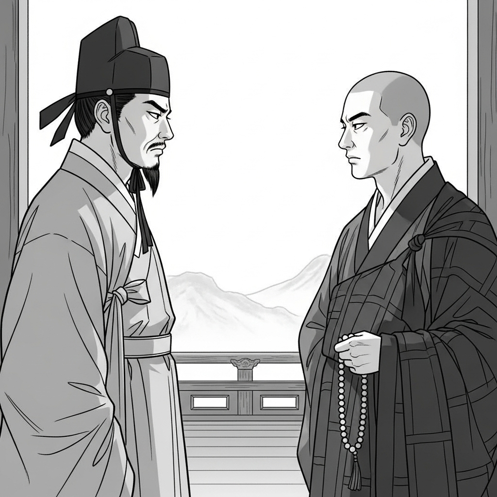 A monochrome illustration of a scholar in Joseon dynasty attire looking disapprovingly at a monk, symbolizing the "억불숭유" policy. The monk looks resolute despite the hardship. 막다른 길에서 피어난 지혜: '이판사판'의 5가지 깊은 교훈