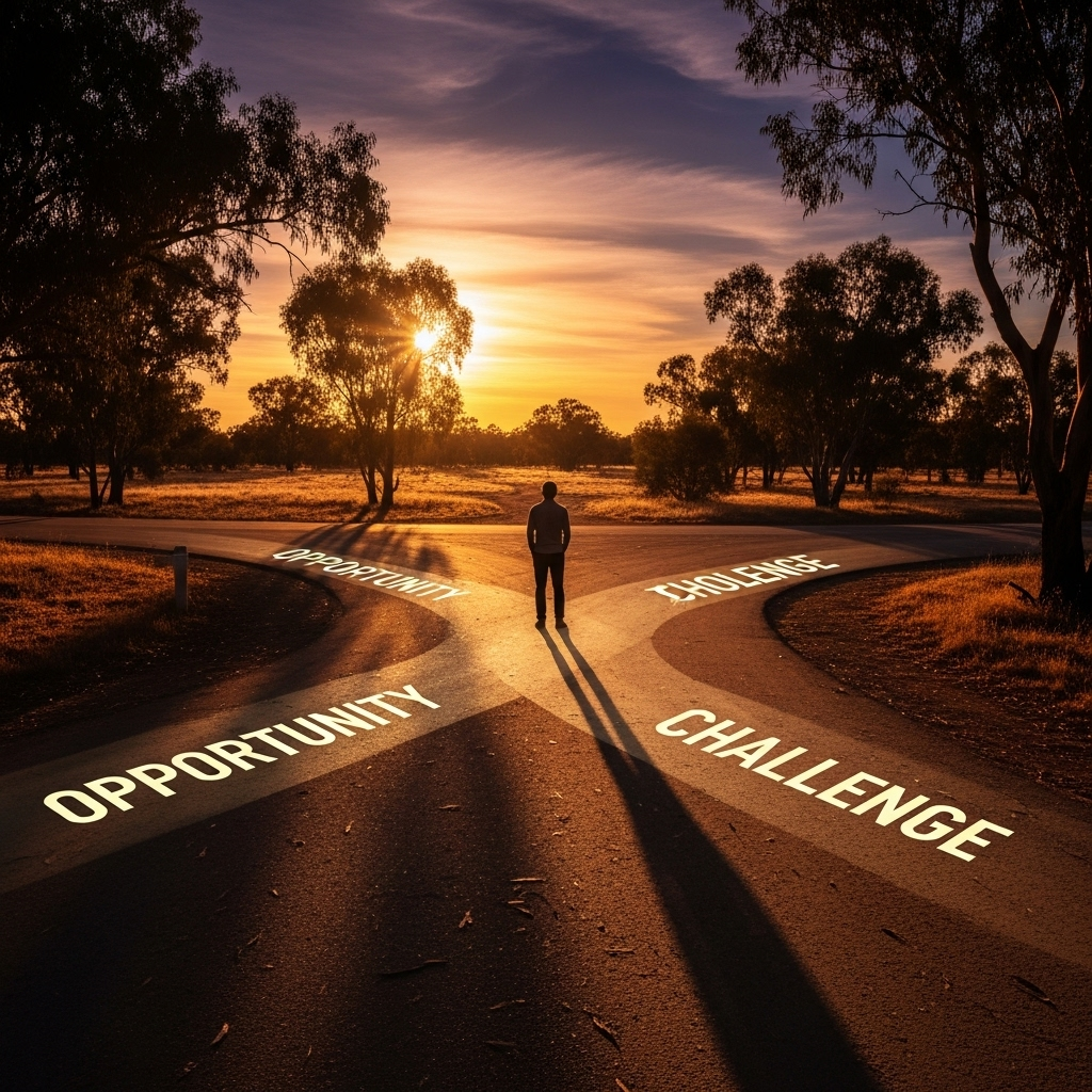 A person standing at a crossroads, looking determinedly ahead, with paths symbolizing "opportunity" and "challenge" in the distance. The setting sun casts long shadows, adding a sense of profundity. 막다른 길에서 피어난 지혜: '이판사판'의 5가지 깊은 교훈
