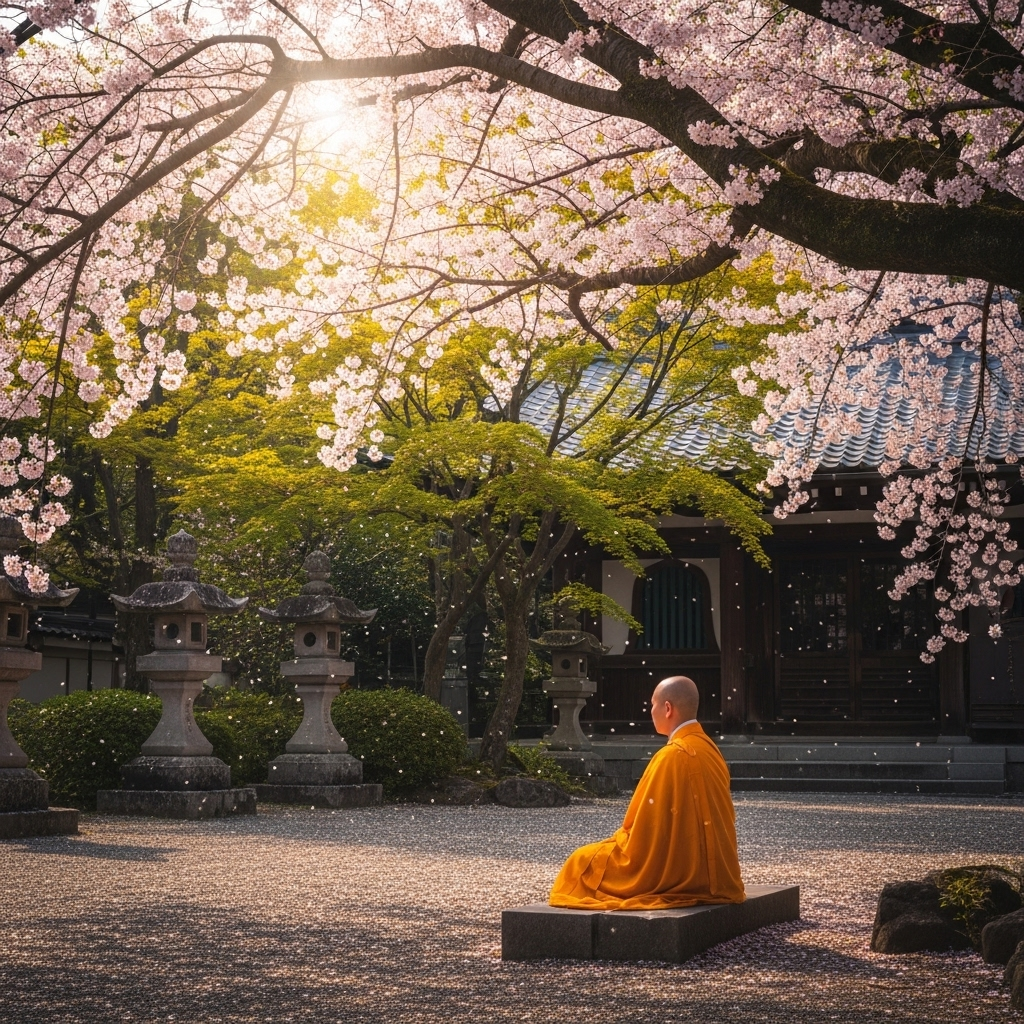 A serene Buddhist meditation scene with a monk sitting under a blooming cherry blossom tree, with falling petals representing fleeting moments, soft golden light filtering through branches, peaceful temple garden background 찰나 뜻과 의미, 불교 철학이 담긴 시간의 지혜