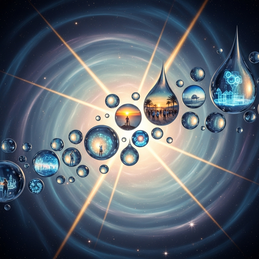 Abstract representation of time flowing like water drops, each drop containing miniature scenes of life moments, golden light rays passing through transparent water drops, cosmic background with gentle waves 찰나 뜻과 의미, 불교 철학이 담긴 시간의 지혜