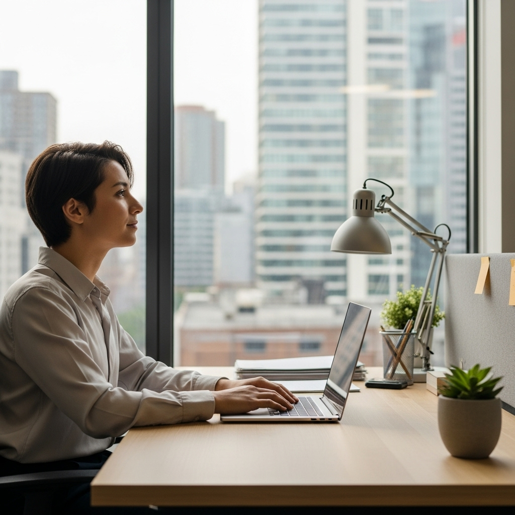 Modern office worker taking a mindful moment looking out window at city skyline, with soft natural light, peaceful expression, minimalist desk setup, representing present moment awareness 찰나 뜻과 의미, 불교 철학이 담긴 시간의 지혜