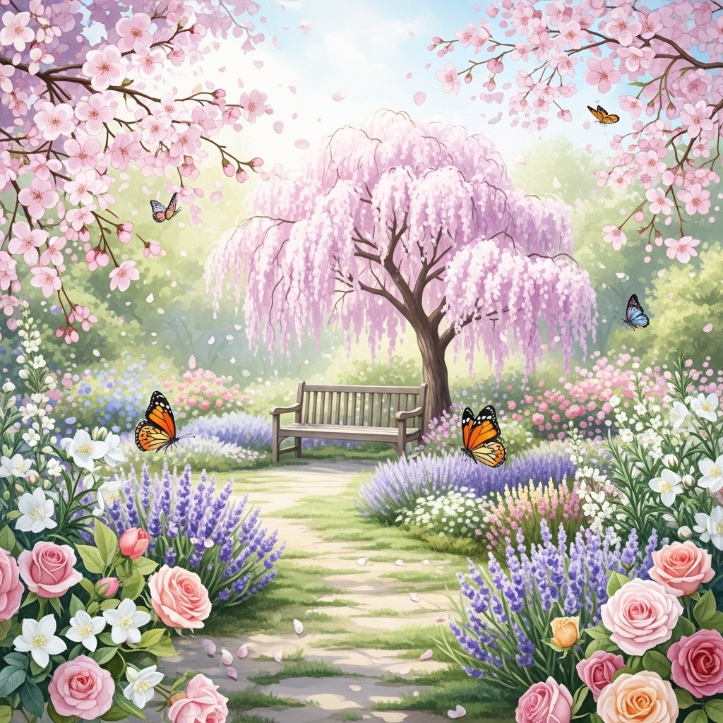 Beautiful blooming flowers in spring garden with soft sunlight filtering through petals, romantic and dreamy atmosphere, watercolor painting style 화양연화 뜻과 유래, 인생 최고의 순간을 만드는 5가지 지혜