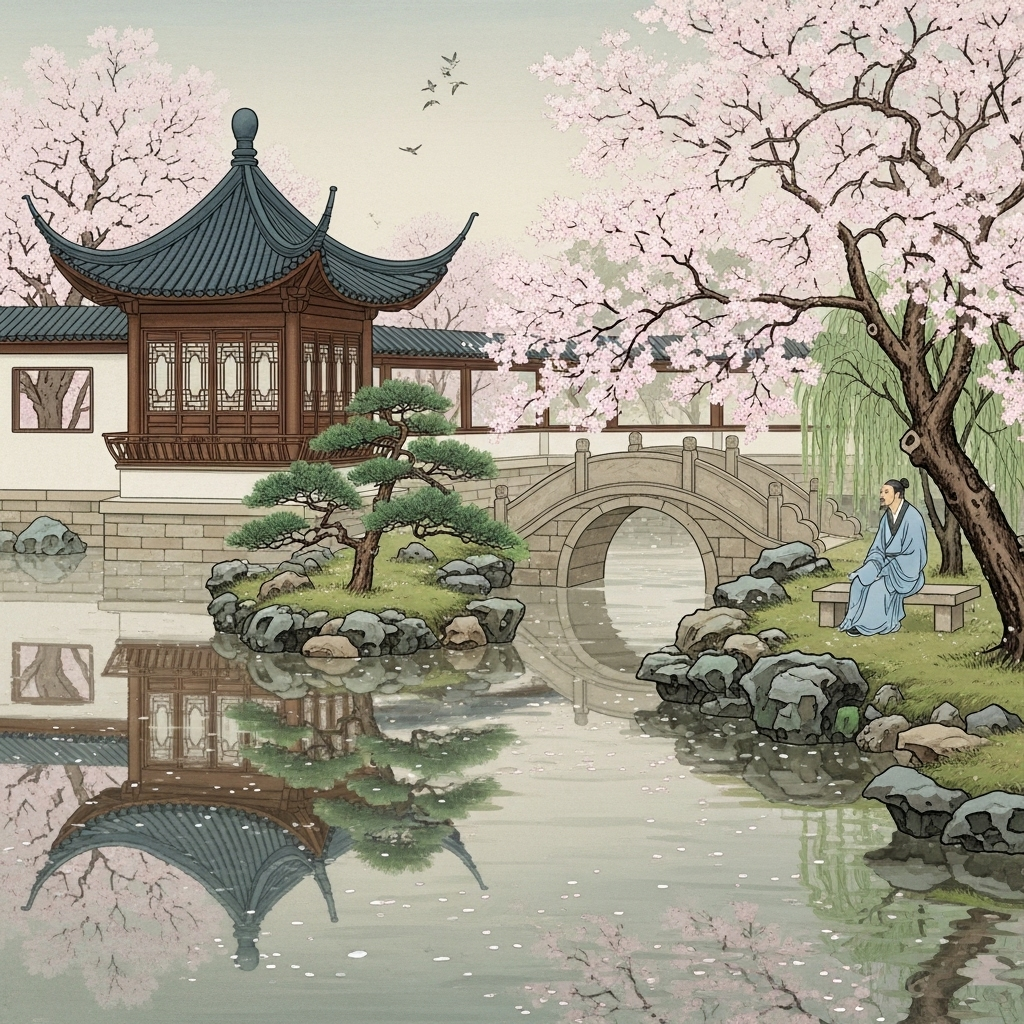 Traditional Chinese garden with blooming cherry blossoms and ancient architecture, peaceful and contemplative mood, classical painting style 화양연화 뜻과 유래, 인생 최고의 순간을 만드는 5가지 지혜