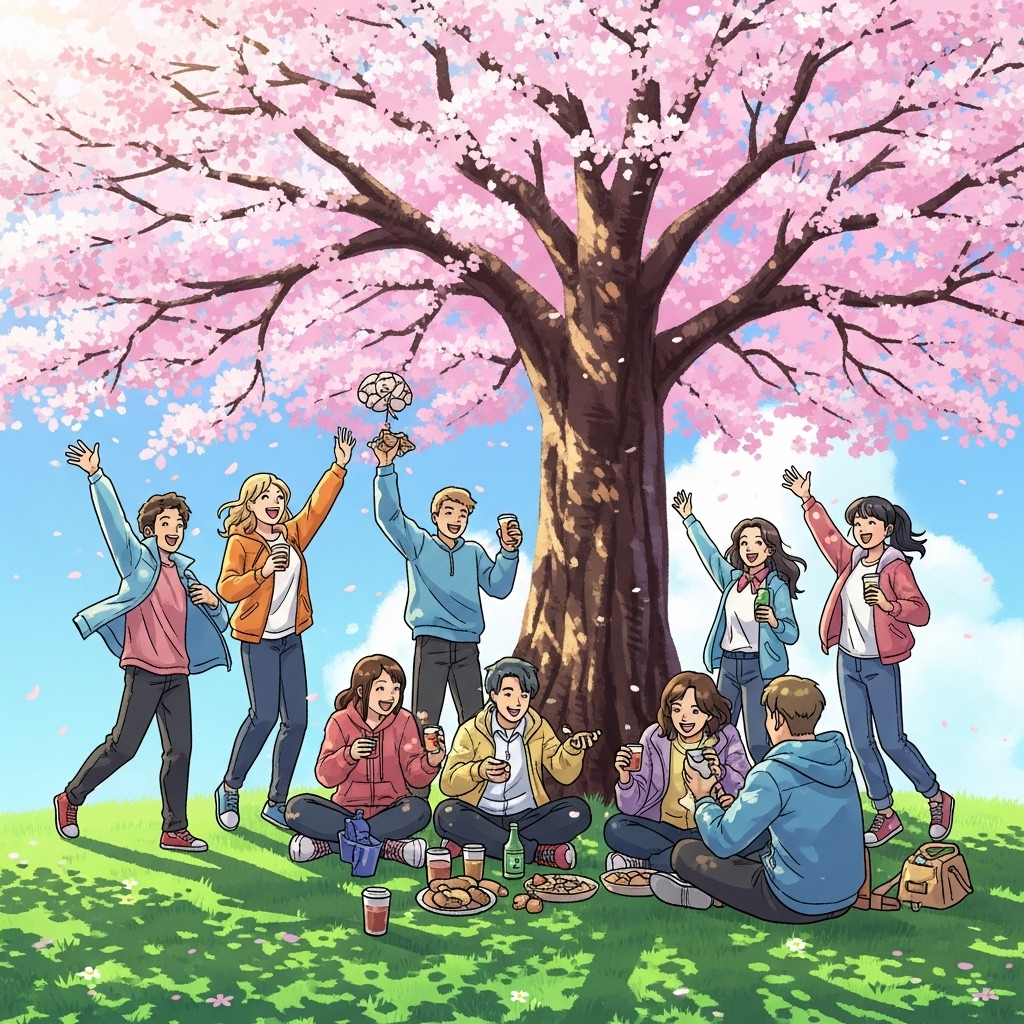 Young people celebrating together under blooming cherry tree, joyful and energetic atmosphere, bright spring day, illustration style 화양연화 뜻과 유래, 인생 최고의 순간을 만드는 5가지 지혜