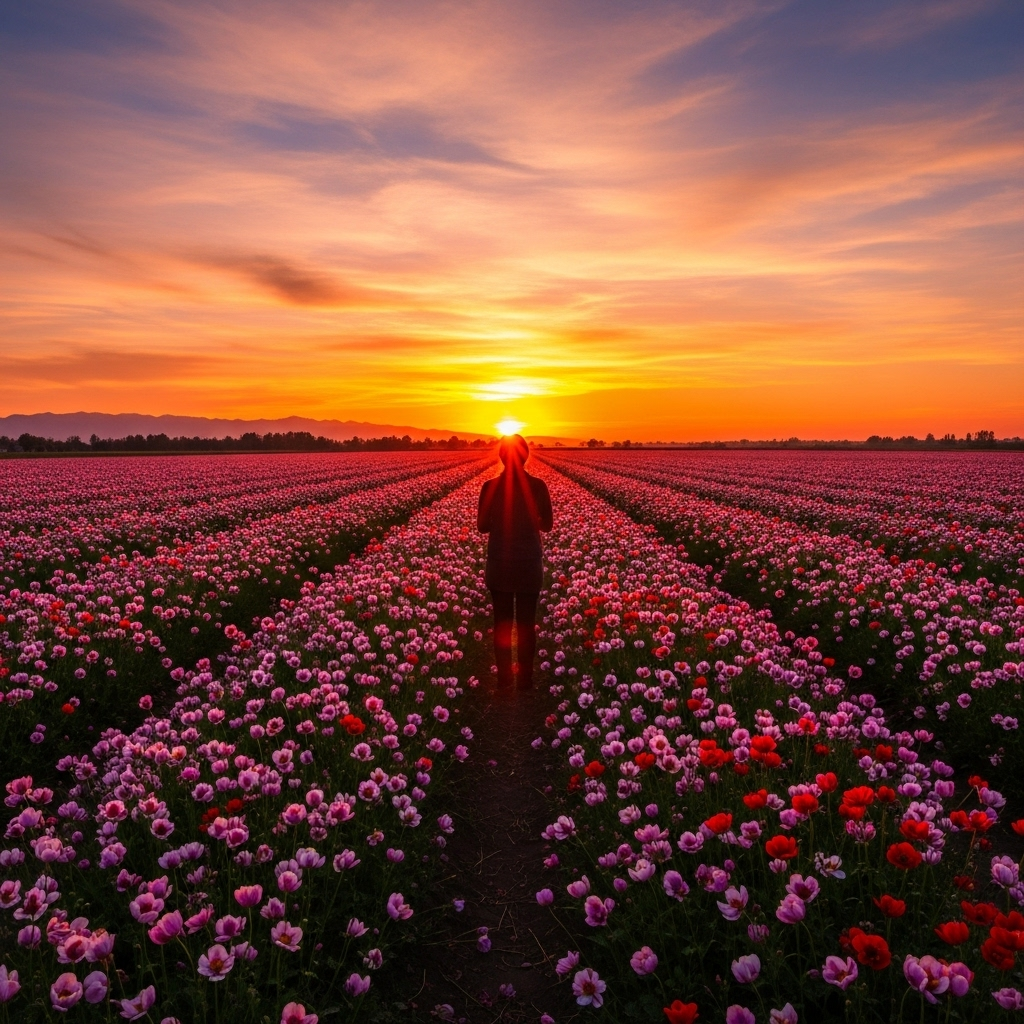 Sunset over blooming flower field with person silhouette appreciating the moment, serene and contemplative mood, golden hour lighting 화양연화 뜻과 유래, 인생 최고의 순간을 만드는 5가지 지혜