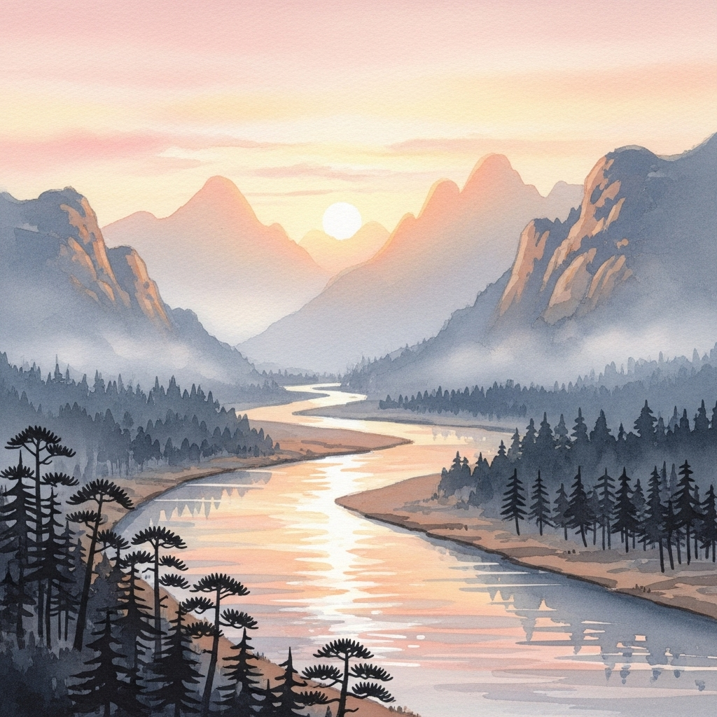 A peaceful traditional East Asian landscape with a winding river flowing through mountains at sunrise, symbolizing transformation and new beginnings, painted in watercolor style 개과천선 뜻과 유래: 진짜 변화는 어떻게 가능할까