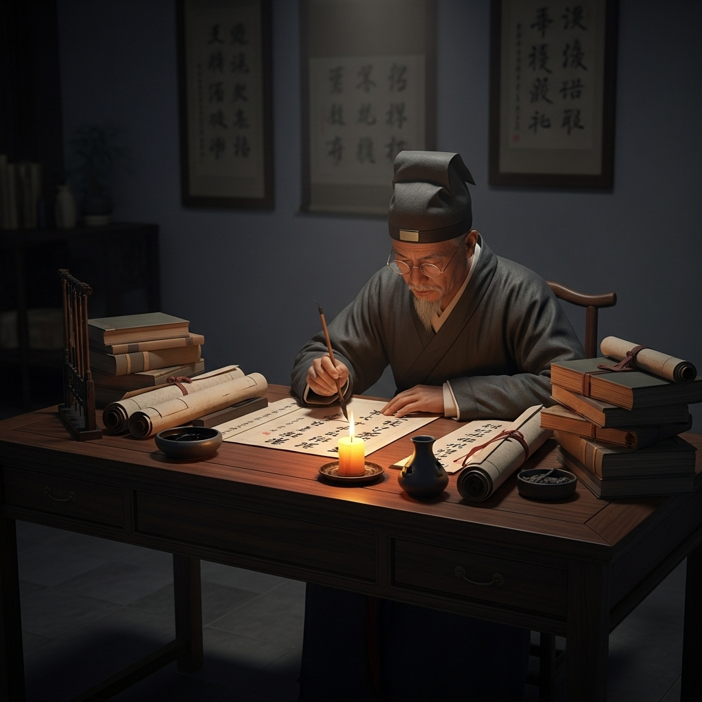 An ancient Chinese scholar sitting at a wooden desk with traditional books and scrolls, writing with a brush pen under candlelight, representing classical wisdom and learning 개과천선 뜻과 유래: 진짜 변화는 어떻게 가능할까