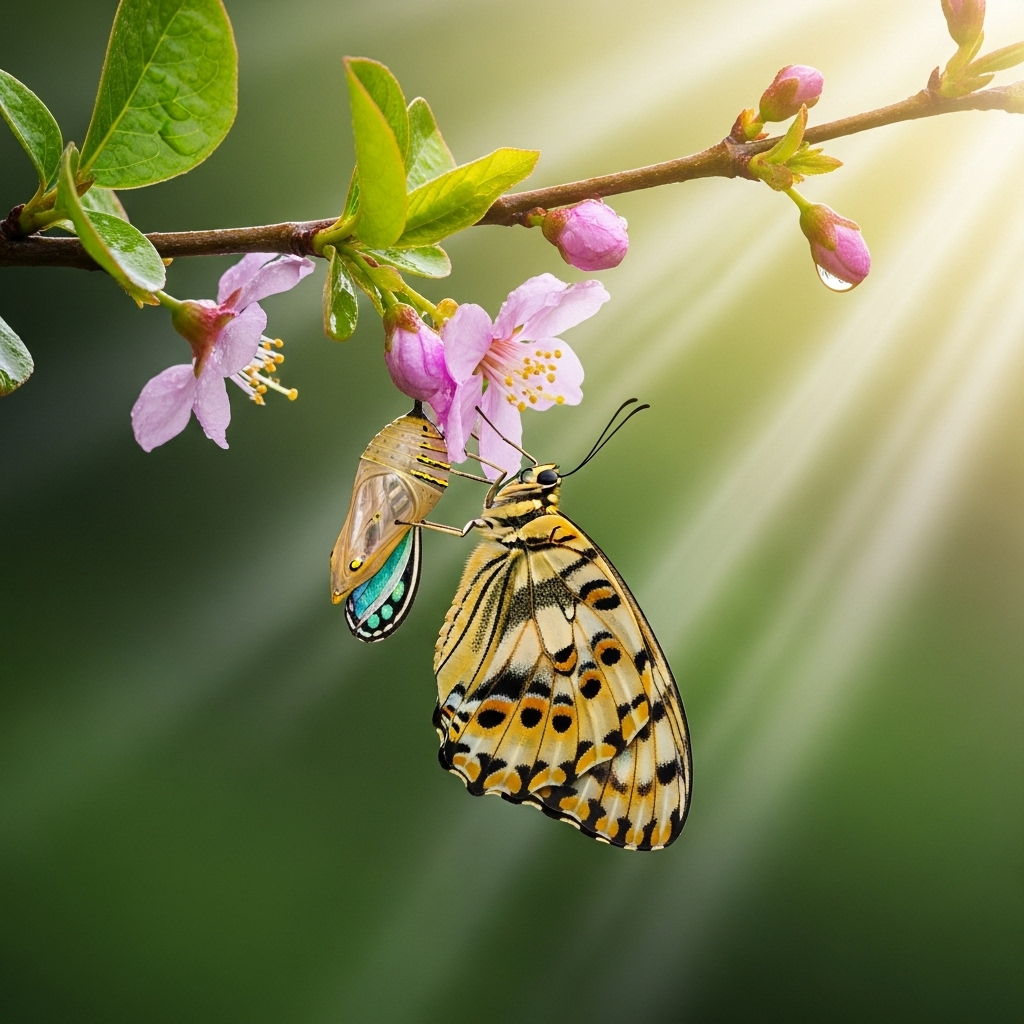 A butterfly emerging from its chrysalis on a blooming flower branch, representing transformation and rebirth in nature with soft morning light 개과천선 뜻과 유래: 진짜 변화는 어떻게 가능할까