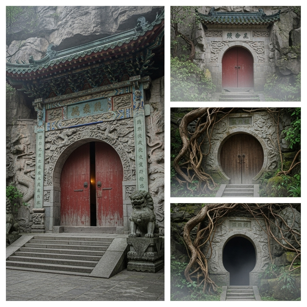 Three ancient Chinese-style cave entrances carved into a mountainside, with traditional architectural elements and misty atmosphere, representing the concept of three refuges or hideouts 교토삼굴 뜻과 유래, 현대에 되새겨야 할 교훈