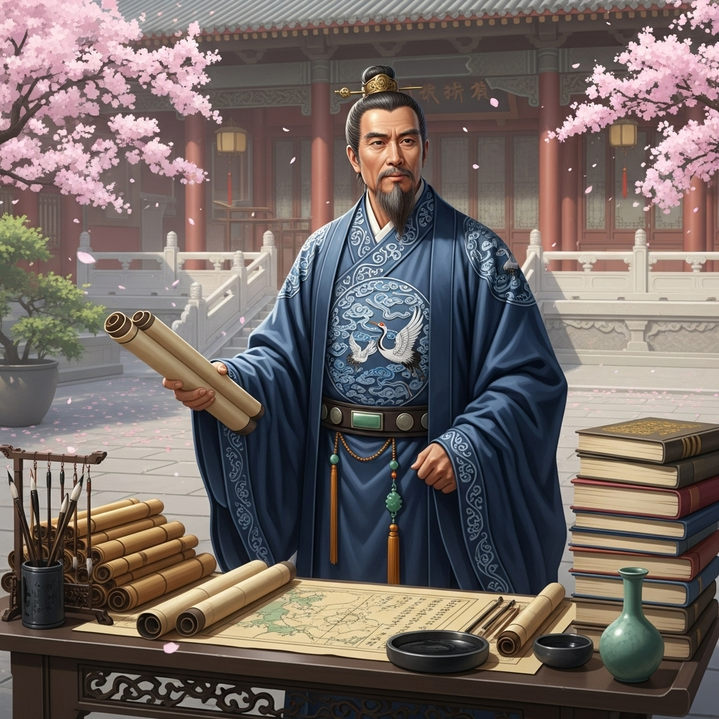 Ancient Chinese scholar Feng Xuan in traditional robes standing in a palace courtyard, with scrolls and books around him, depicting strategic planning and wisdom 교토삼굴 뜻과 유래, 현대에 되새겨야 할 교훈