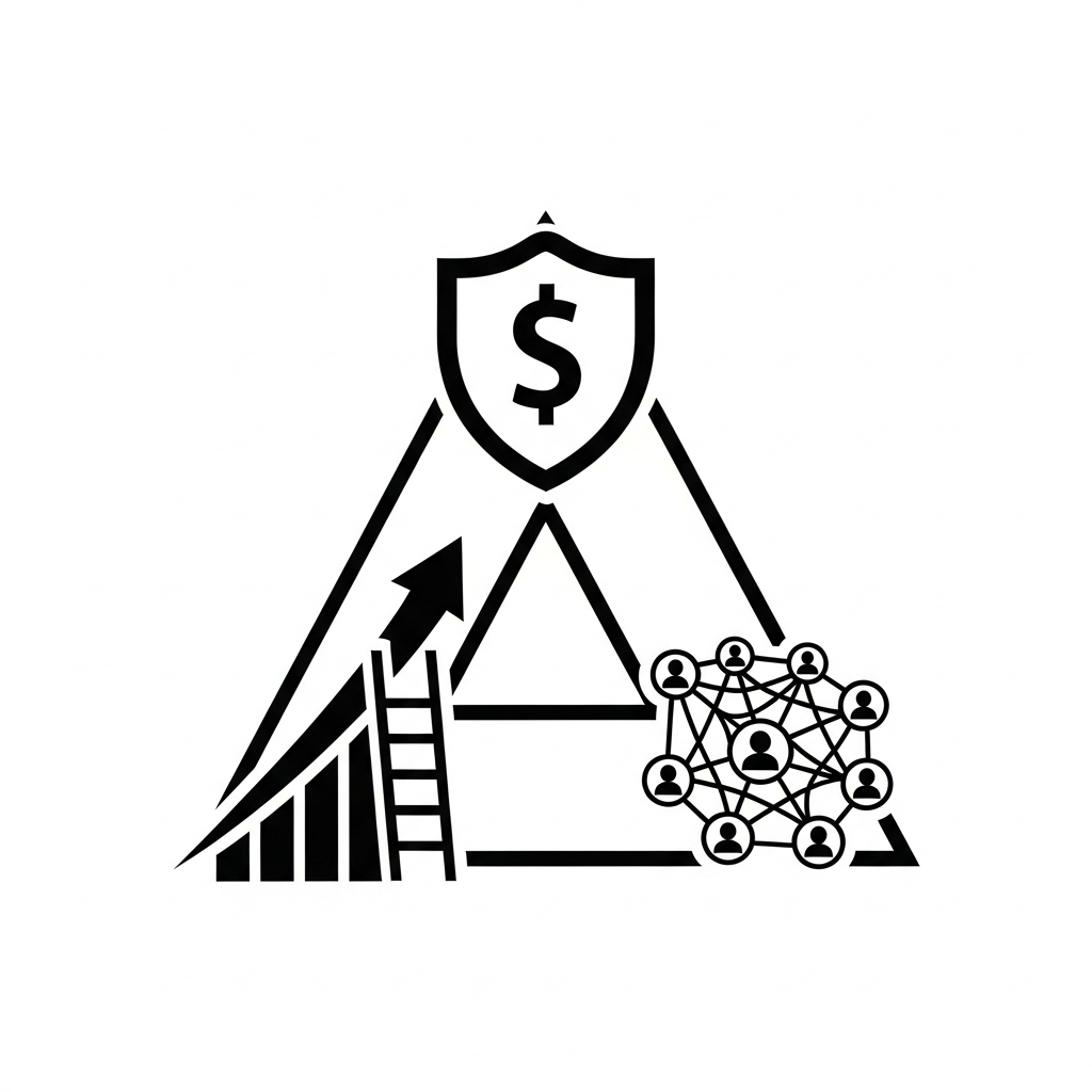 Three different symbols representing financial security, career development, and social networks, arranged in a triangle formation with connecting lines, showing balanced life planning 교토삼굴 뜻과 유래, 현대에 되새겨야 할 교훈