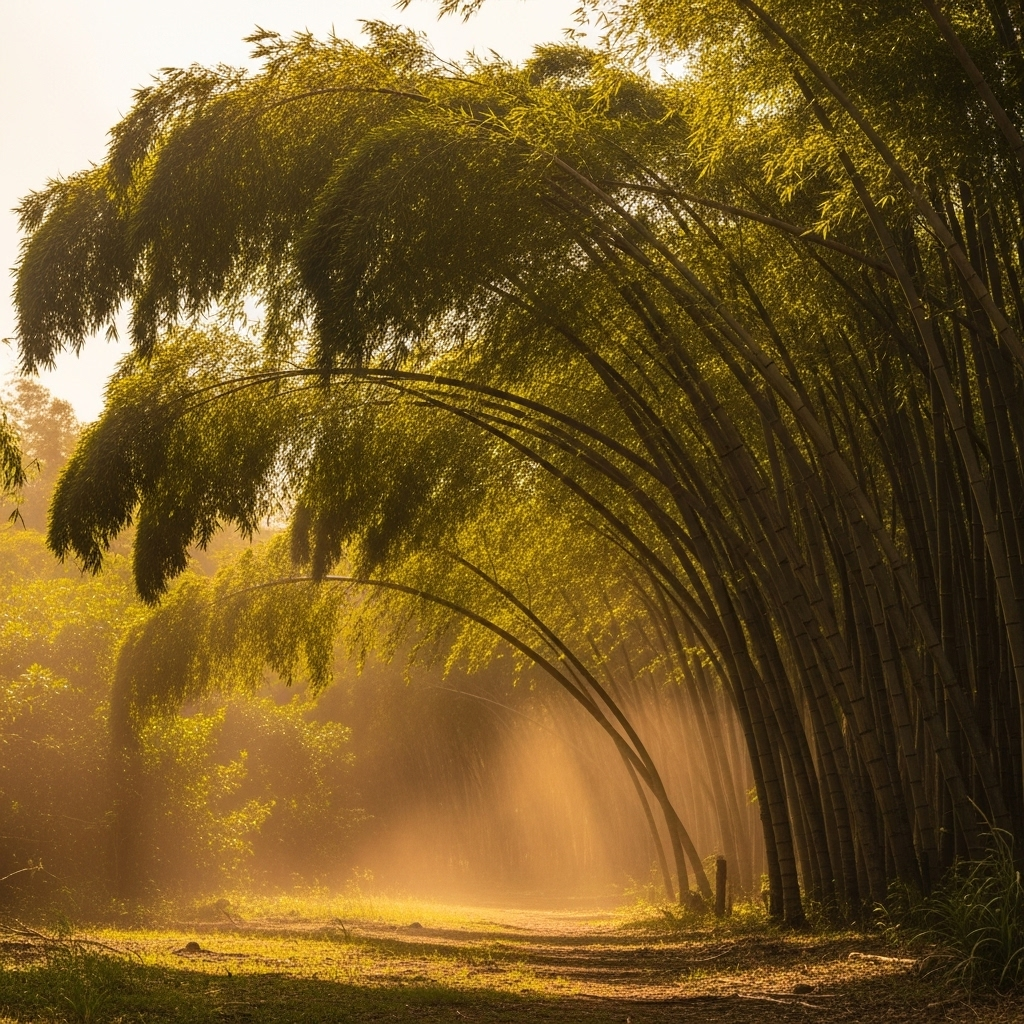 A majestic bamboo forest swaying in strong wind but never breaking, with golden sunlight filtering through the green leaves, showing resilience and strength in nature 백절불굴의 뜻과 유래, 굽히지 않는 의지 5가지 교훈