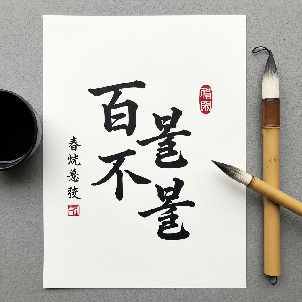 Traditional Chinese calligraphy showing the four characters of Baekjeolbulgul in elegant black ink on white paper with a bamboo brush nearby 백절불굴의 뜻과 유래, 굽히지 않는 의지 5가지 교훈