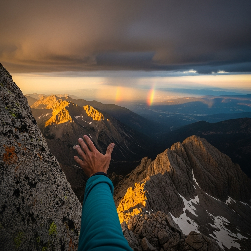 A mountain climber reaching the summit despite harsh weather conditions, with storm clouds parting to reveal beautiful sunrise, symbolizing perseverance and triumph 백절불굴의 뜻과 유래, 굽히지 않는 의지 5가지 교훈