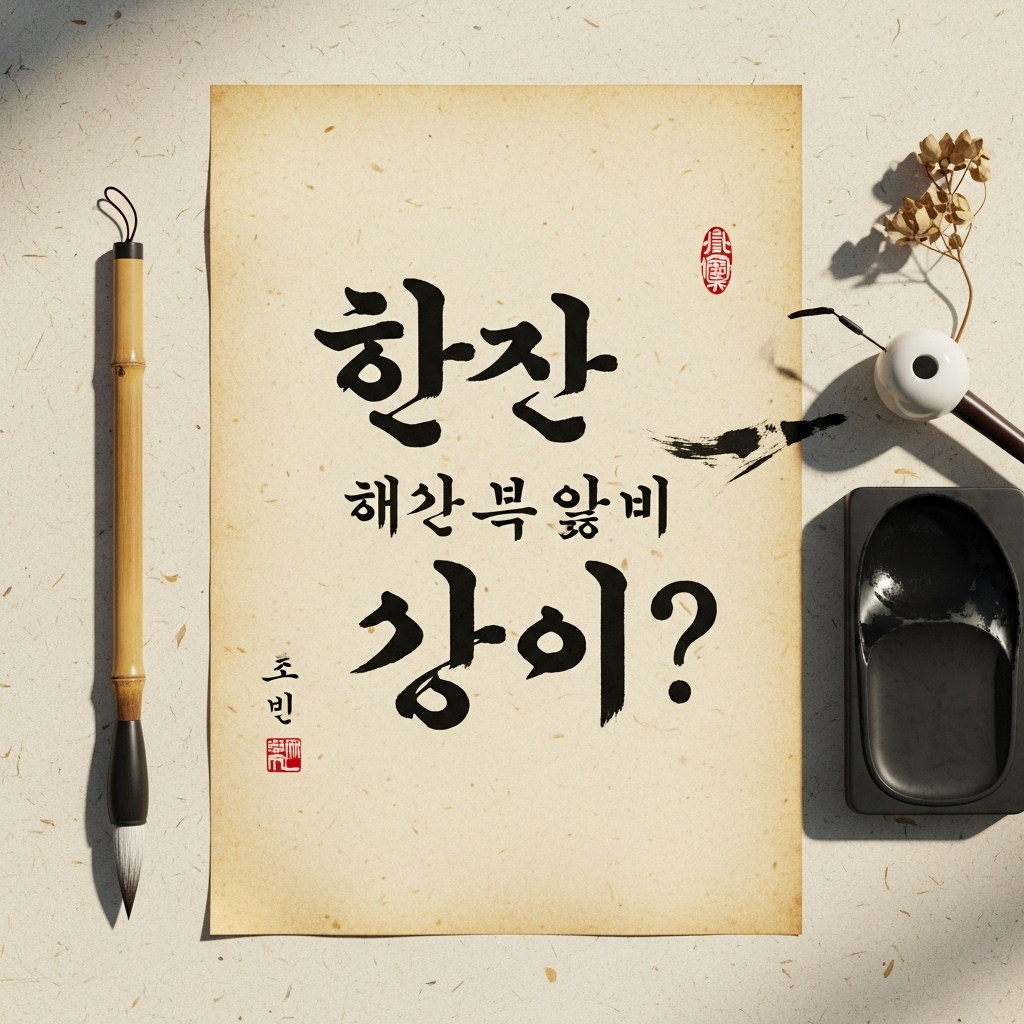 A beautifully rendered piece of traditional Korean calligraphy depicting the characters "精神一到 何事不成" on aged parchment or Hanji paper. A traditional ink brush lies next to it, suggesting a moment of creation and deep thought. 마음을 다하면 못 이룰 일이 없다! 정신일도 하사불성 5가지 비결