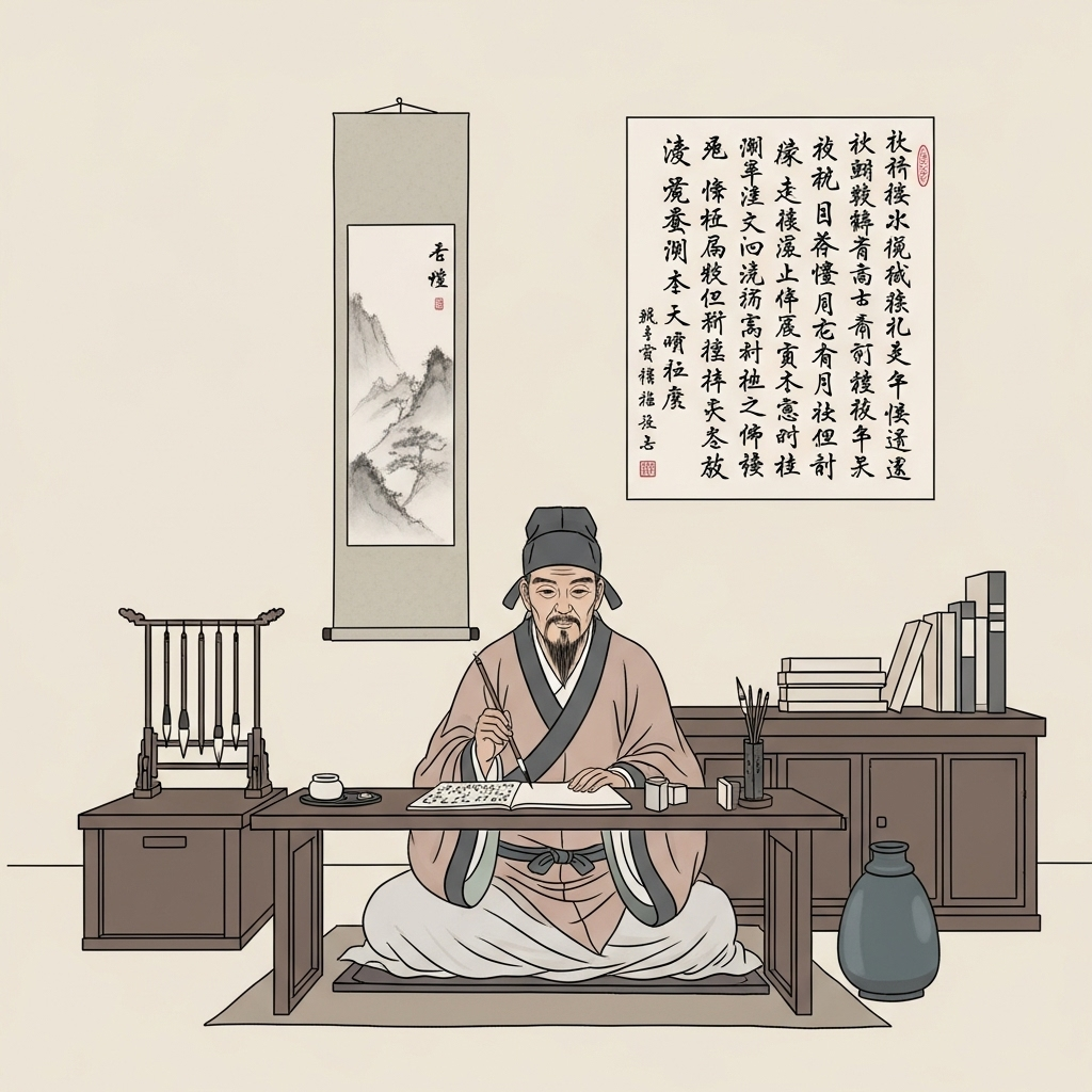 An ancient East Asian scholar with a long beard and traditional robes, seated calmly in a minimalist study filled with scrolls and a brush holder, deeply engrossed in reading or contemplating a classic text. The atmosphere is quiet and reflective. 마음을 다하면 못 이룰 일이 없다! 정신일도 하사불성 5가지 비결