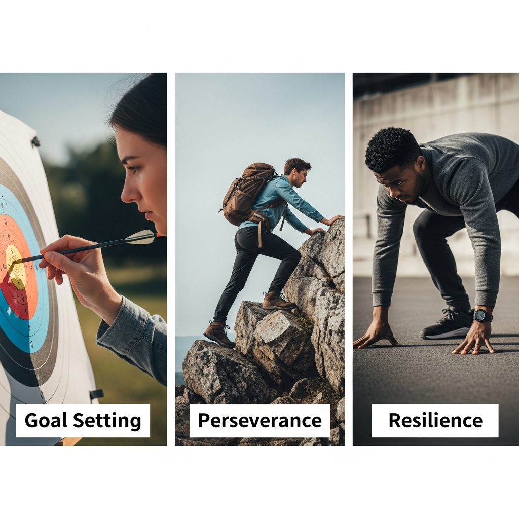 A triptych or three-panel image: Left panel shows a person clearly setting a target with an arrow on a target board, symbolizing goal setting. Middle panel shows a determined person steadily climbing a rocky mountain, emphasizing perseverance. Right panel shows a person, having fallen, now standing up with a resolute expression, symbolizing resilience in the face of failure. 마음을 다하면 못 이룰 일이 없다! 정신일도 하사불성 5가지 비결