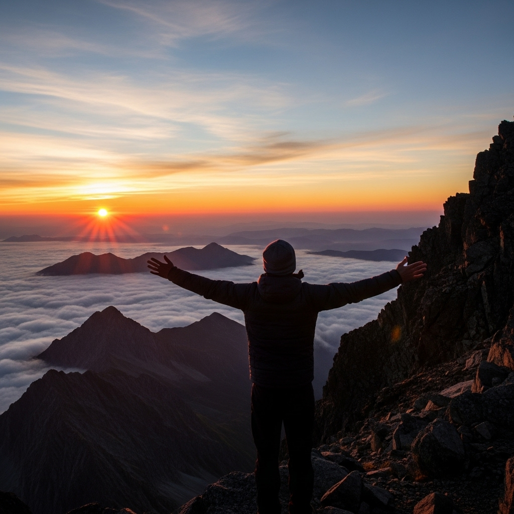 A vibrant and hopeful image of a person standing at the summit of a mountain, looking out over a breathtaking sunrise. Their arms are outstretched in a gesture of triumph and accomplishment. The mood is one of peace, achievement, and inspiration. 마음을 다하면 못 이룰 일이 없다! 정신일도 하사불성 5가지 비결