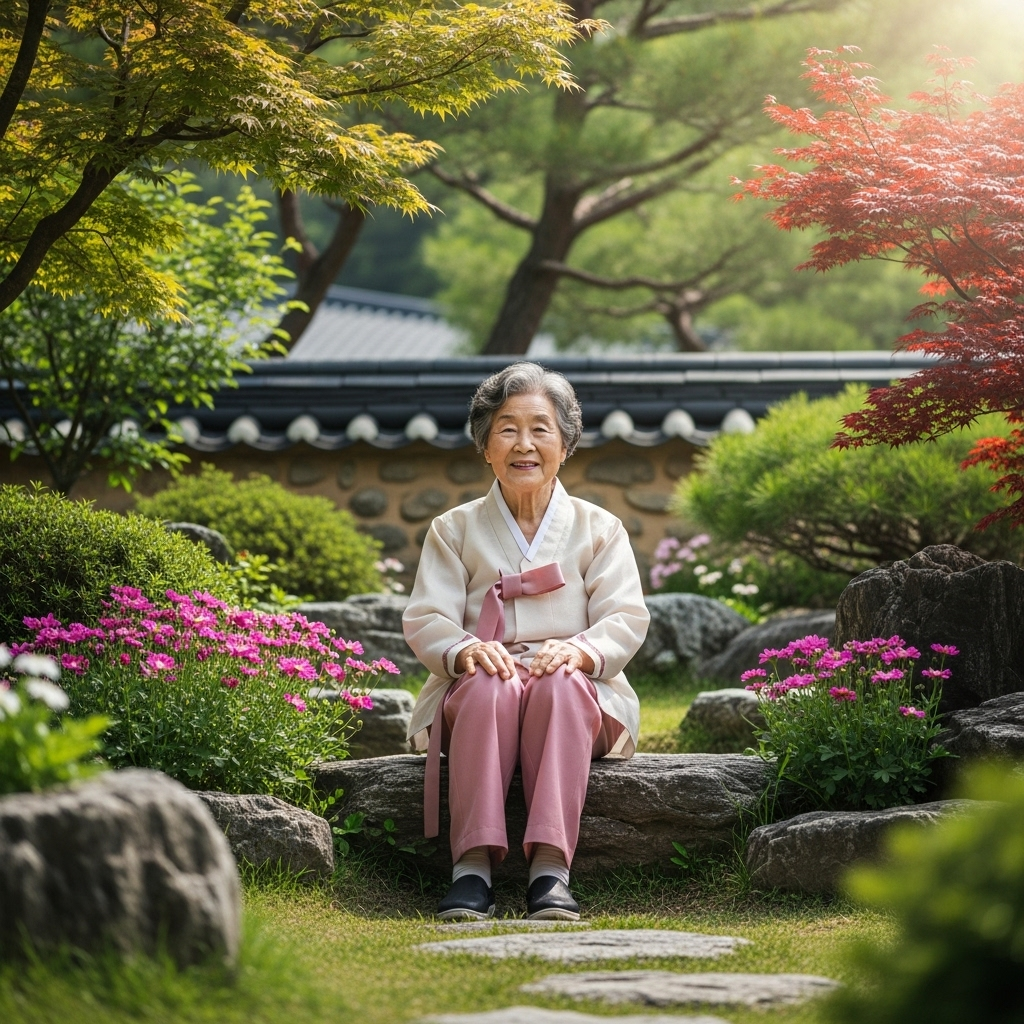 A peaceful elderly person sitting in a traditional Korean garden, surrounded by blooming flowers and gentle sunlight, showing contentment and serenity on their face 안분지족의 진정한 의미! 현대인이 꼭 알아야 할 지혜로운 삶의 자세