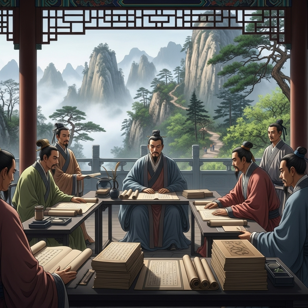 Ancient Chinese scholars in traditional robes discussing philosophy under a pavilion, with scrolls and books around them, peaceful mountain landscape in background Ancient Chinese scholars in traditional robes discussing philosophy under a pavilion, with scrolls and books around them, peaceful mountain landscape in background
