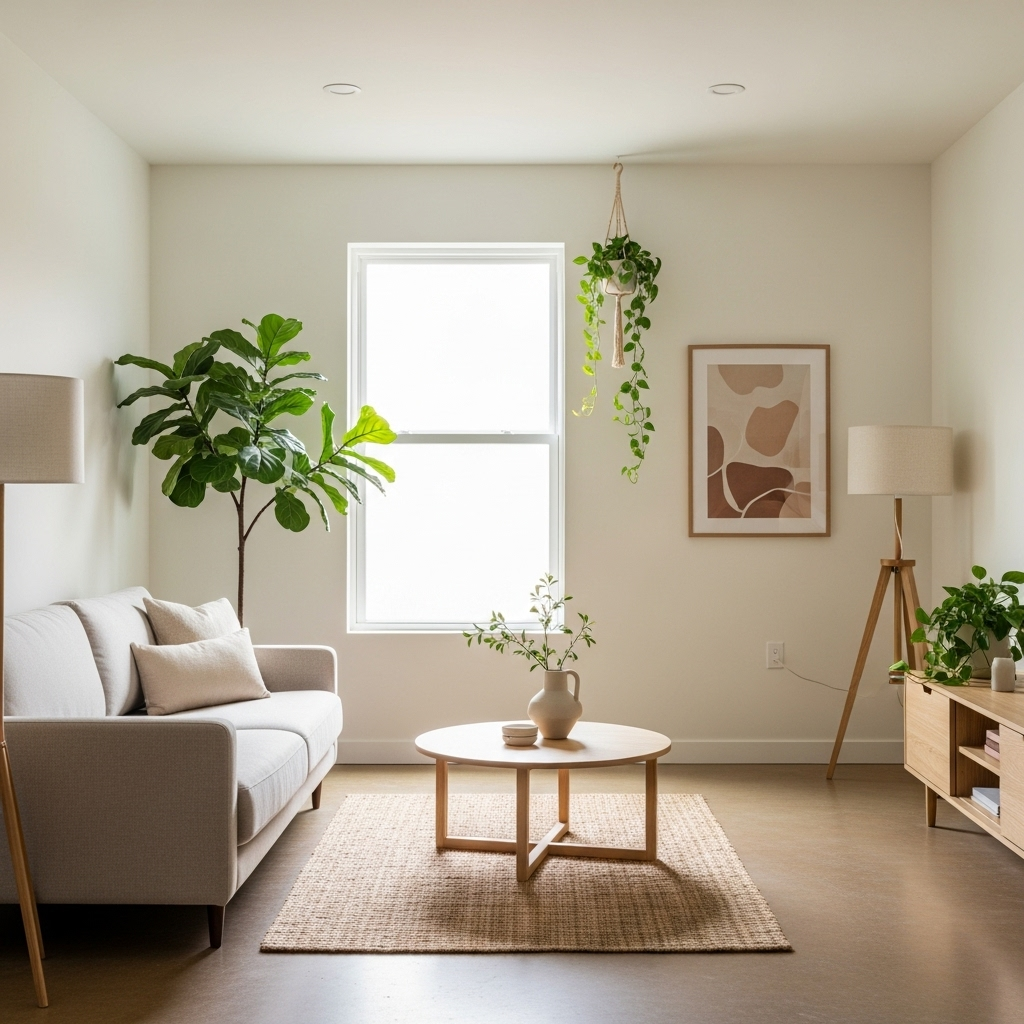 A minimalist living room with simple furniture, plants, and natural lighting, representing contentment and simplicity in modern life A minimalist living room with simple furniture, plants, and natural lighting, representing contentment and simplicity in modern life