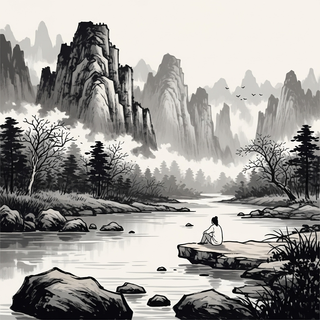 A serene mountain landscape with flowing water and natural rocks, symbolizing harmony with nature, peaceful meditation scene in traditional East Asian ink painting style 무위자연의 진정한 의미와 현대인이 배워야 할 3가지 삶의 지혜