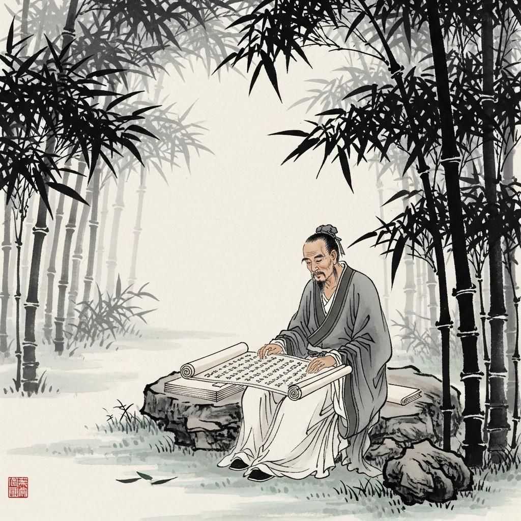 Ancient Chinese philosopher reading scrolls under a bamboo tree, traditional ink wash painting style, peaceful study scene 무위자연의 진정한 의미와 현대인이 배워야 할 3가지 삶의 지혜 Ancient Chinese philosopher reading scrolls under a bamboo tree, traditional ink wash painting style, peaceful study scene