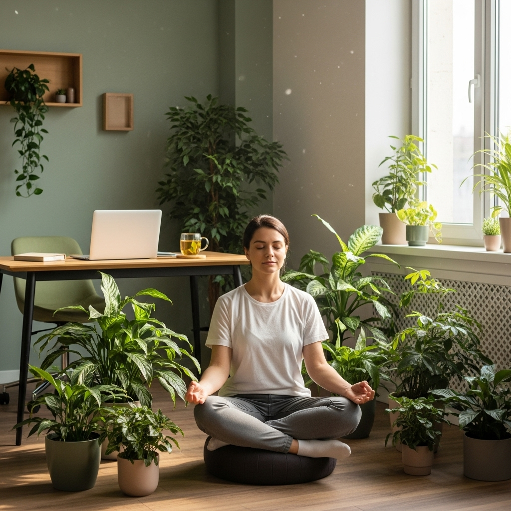 Modern person meditating in a quiet office space surrounded by plants, natural lighting, peaceful work environment 무위자연의 진정한 의미와 현대인이 배워야 할 3가지 삶의 지혜 Modern person meditating in a quiet office space surrounded by plants, natural lighting, peaceful work environment