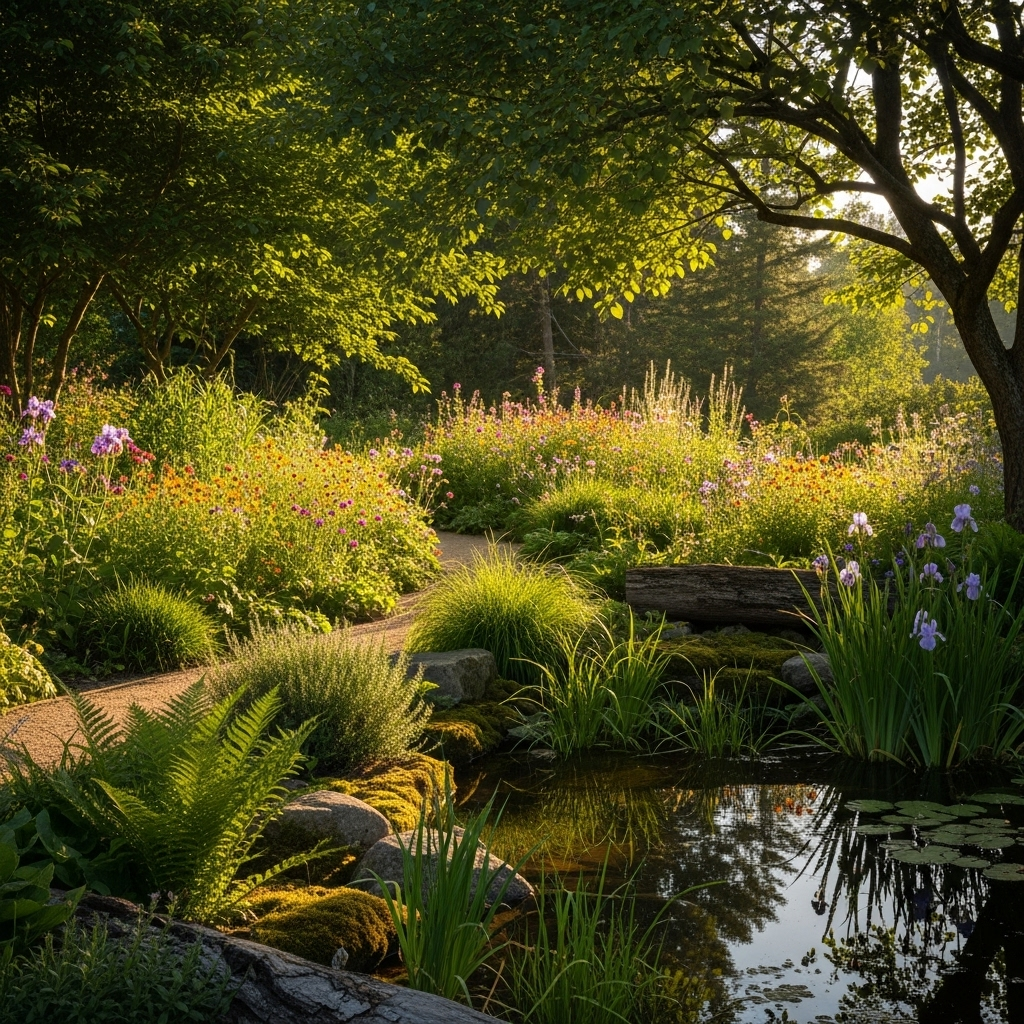 A peaceful garden with naturally growing plants and flowers, morning sunlight filtering through trees, harmonious natural landscaping 무위자연의 진정한 의미와 현대인이 배워야 할 3가지 삶의 지혜 A peaceful garden with naturally growing plants and flowers, morning sunlight filtering through trees, harmonious natural landscaping
