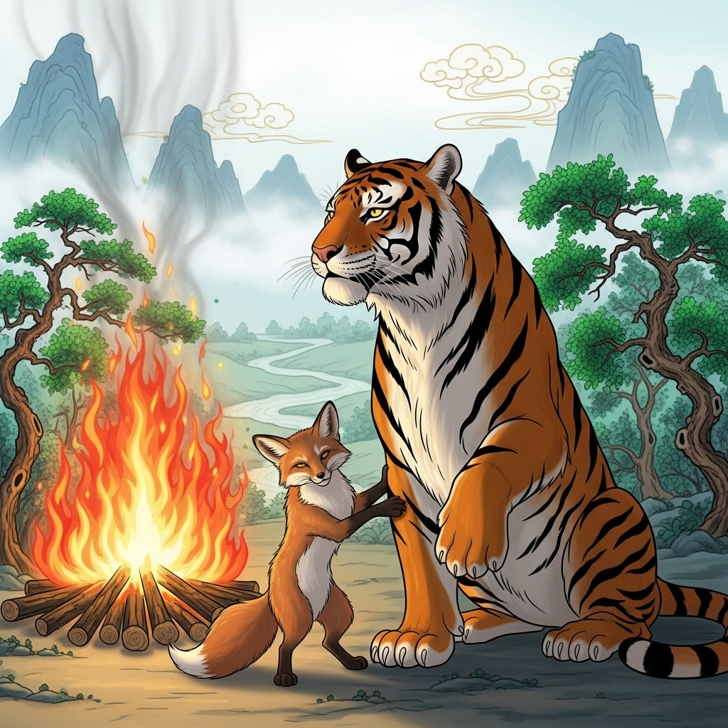 A cartoon illustration of a small, cunning fox or weasel trying to attach itself to a large, powerful tiger that is standing near a burning fire. The fox has an obsequious expression. The background is a traditional Chinese landscape with mountains and trees. No text in the image. 5분 만에 알아보는 추연피호! 권력 앞에 흔들리지 않는 지혜 3가지