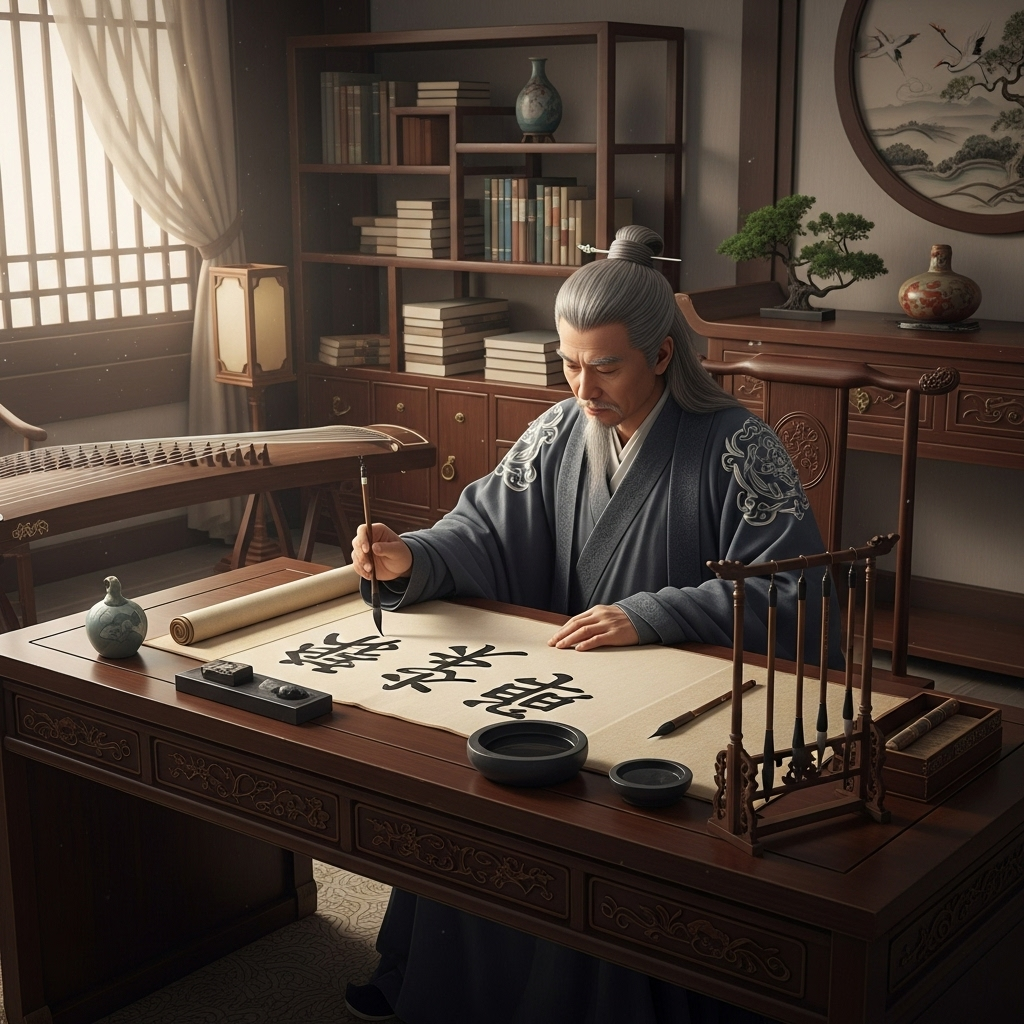 A serene, ancient Chinese scholar (representing Zhu Xi) in traditional robes, writing calligraphy with a brush on a scroll. He has a thoughtful and wise expression. The setting is a quiet study with traditional Chinese furniture. No text in the image.