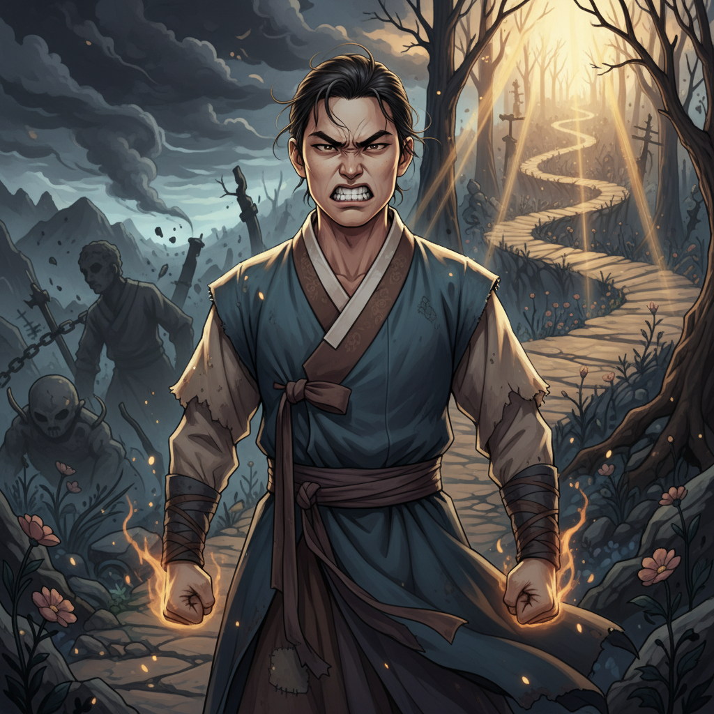 An illustration depicting a person gritting their teeth with fierce determination, looking towards a challenging path ahead. The background shows past struggles fading and a brighter, but still difficult, future emerging. The overall mood is resolute and hopeful. Style: narrative illustration. No text. Korean person.