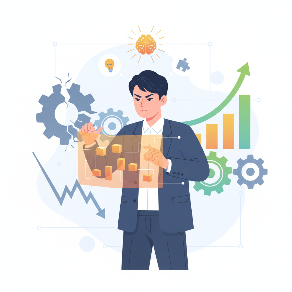 An infographic-style illustration showing a person in modern business attire, having faced a setback (represented by broken gears or a downward graph), but now with focused eyes, actively re-strategizing and rebuilding. Emphasize mental resilience and active problem-solving. Style: clean infographic. No text. Korean person.