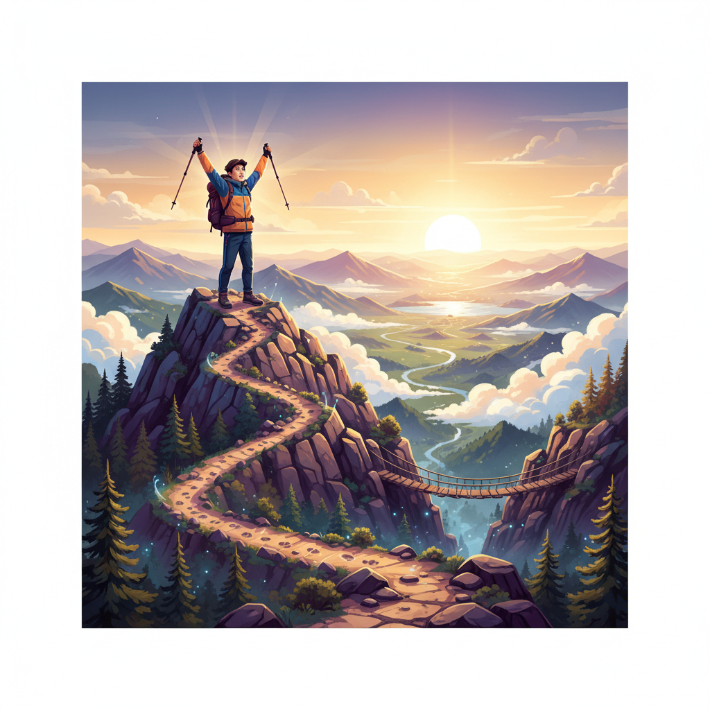 A vibrant illustration of a person standing triumphantly atop a mountain, looking confidently at a beautiful horizon. The path they took to get there is visible, showing effort and perseverance. The atmosphere is inspiring and victorious. Style: inspirational illustration. No text. Korean person.